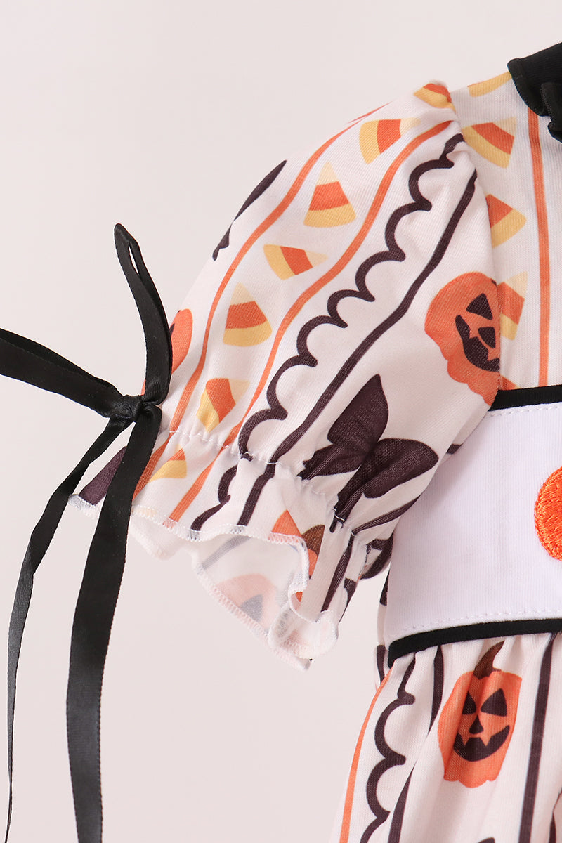Pumpkin Bow Embroidery Ruffle Bubble