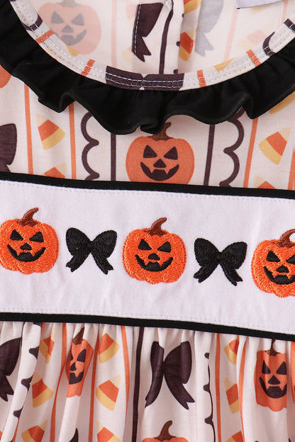 Pumpkin Bow Embroidery Ruffle Dress
