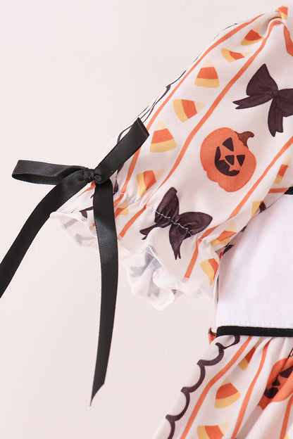 Pumpkin Bow Embroidery Ruffle Dress
