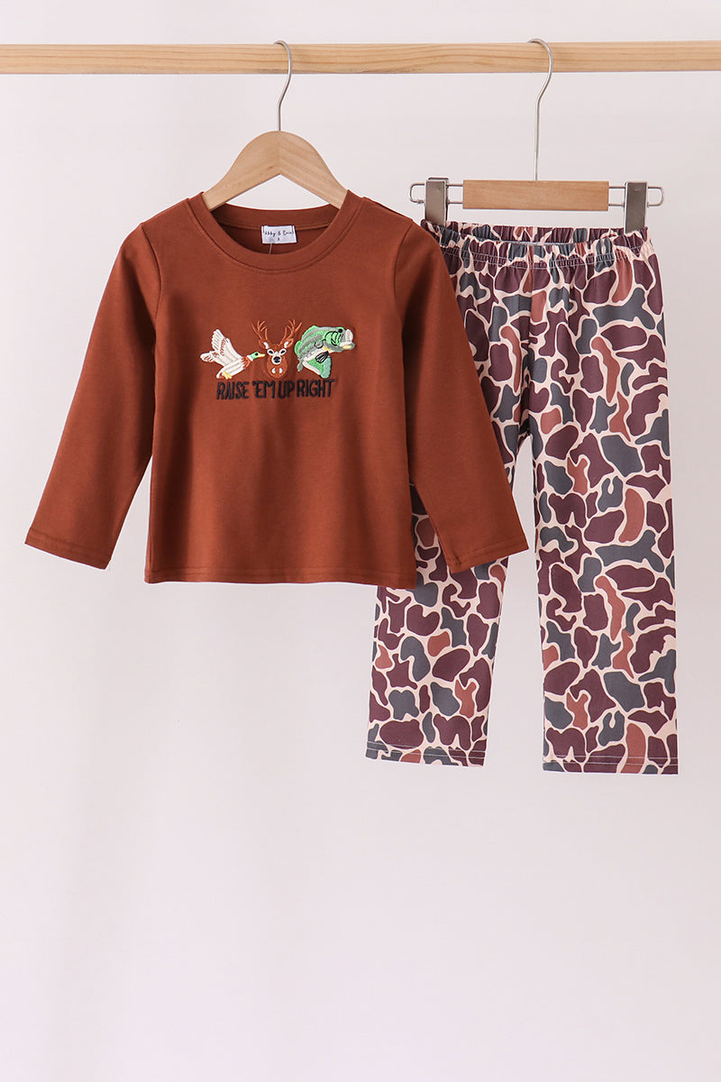 Brown Camouflage Hunting Embroidery Pants Set