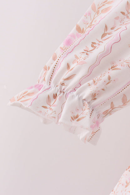 Pink Floral Turkey Embroidery Ruffle Pants Set
