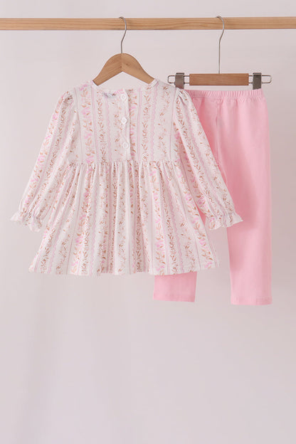 Pink Floral Turkey Embroidery Ruffle Pants Set
