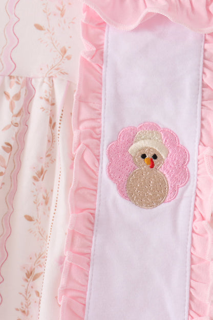 Pink Floral Turkey Embroidery Ruffle Dress