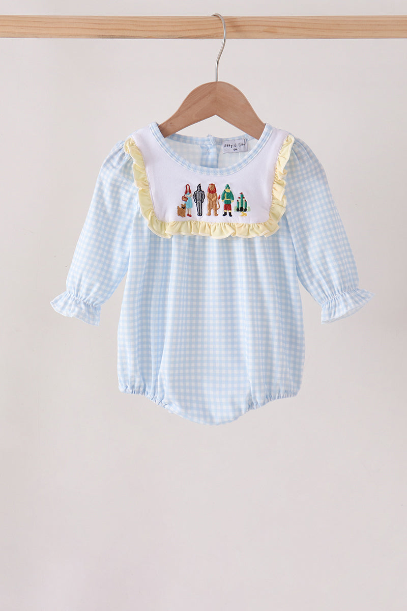 Blue Character Embroidery Gingham Ruffle Bubble