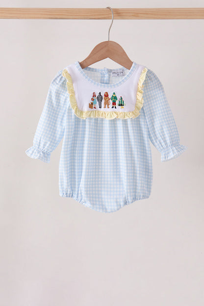 Blue Character Embroidery Gingham Ruffle Bubble