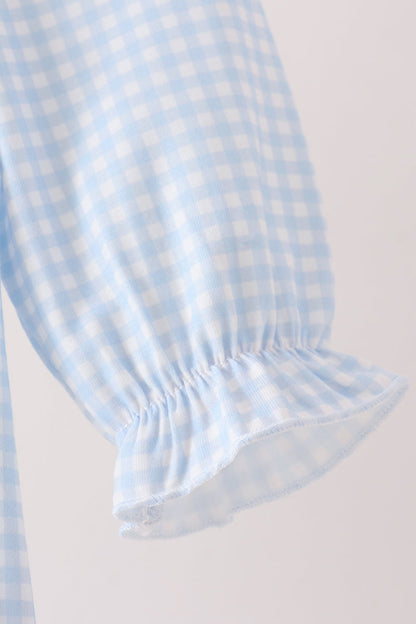 Blue Character Embroidery Gingham Ruffle Bubble