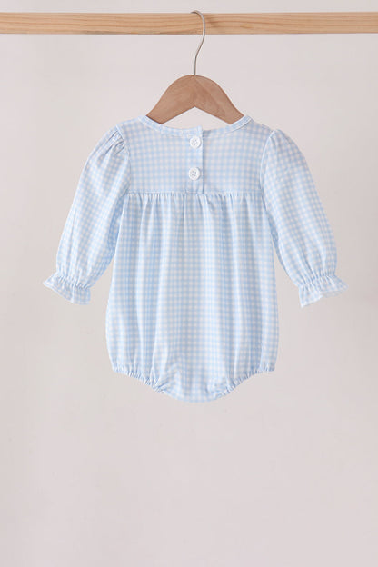 Blue Character Embroidery Gingham Ruffle Bubble