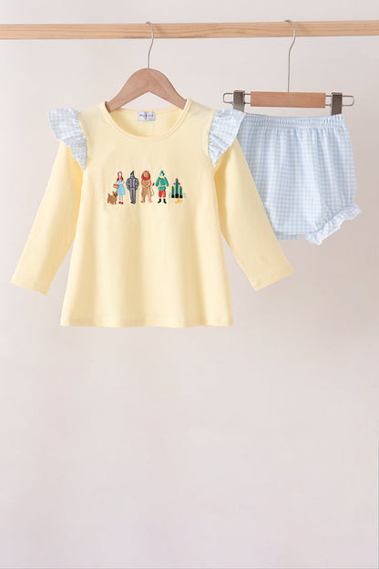 Beige Character Embroidery Gingham Bloomer Set