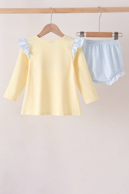 Beige Character Embroidery Gingham Bloomer Set
