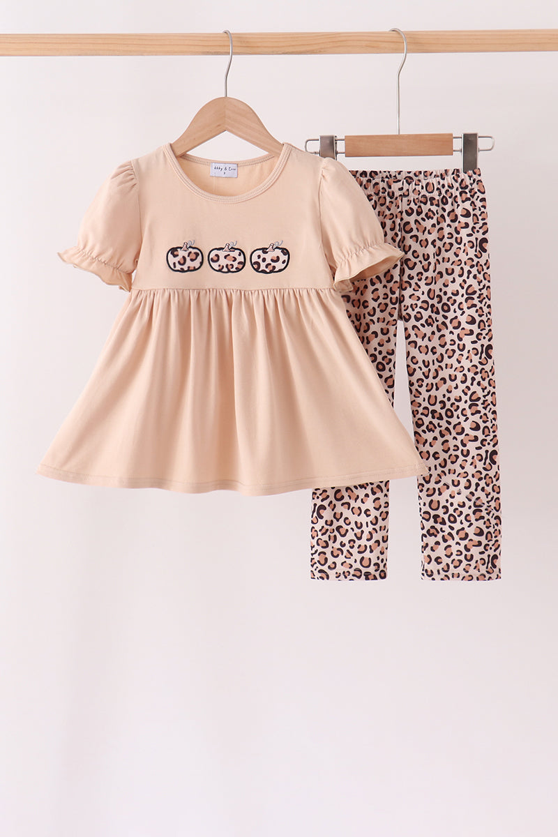 Leopard Pumpkin Appliqué Pants Set