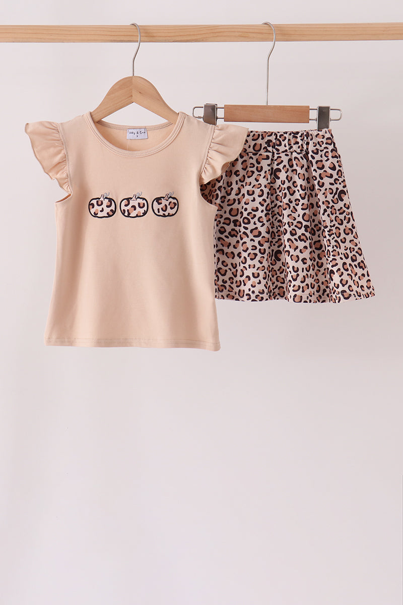 Leopard Pumpkin Appliqué Skorts Set
