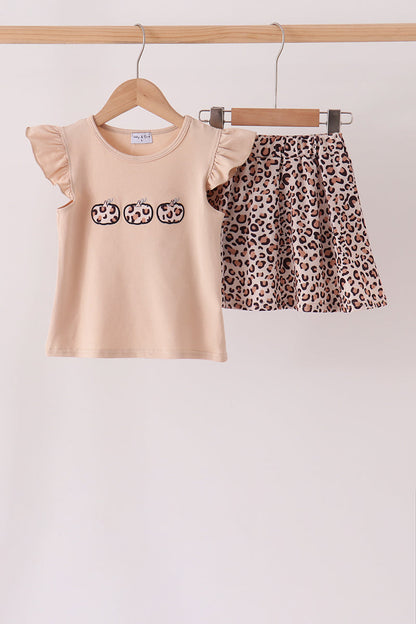 Leopard Pumpkin Appliqué Skorts Set