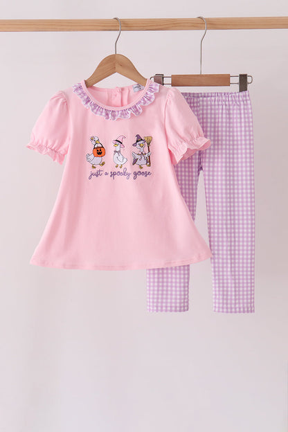 Pink Goose Embroidery Ruffle Pants Set
