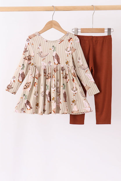 Brown Goose Print Bamboo Pants Set