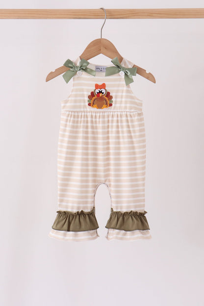 Olive Turkey Applique Stripe Ruffle Romper