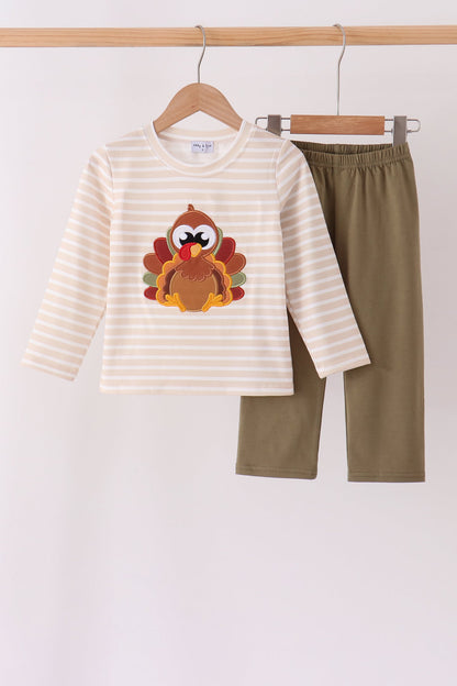 Olive Turkey Applique Stripe Pants Set