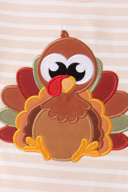 Olive Turkey Applique Stripe Pants Set