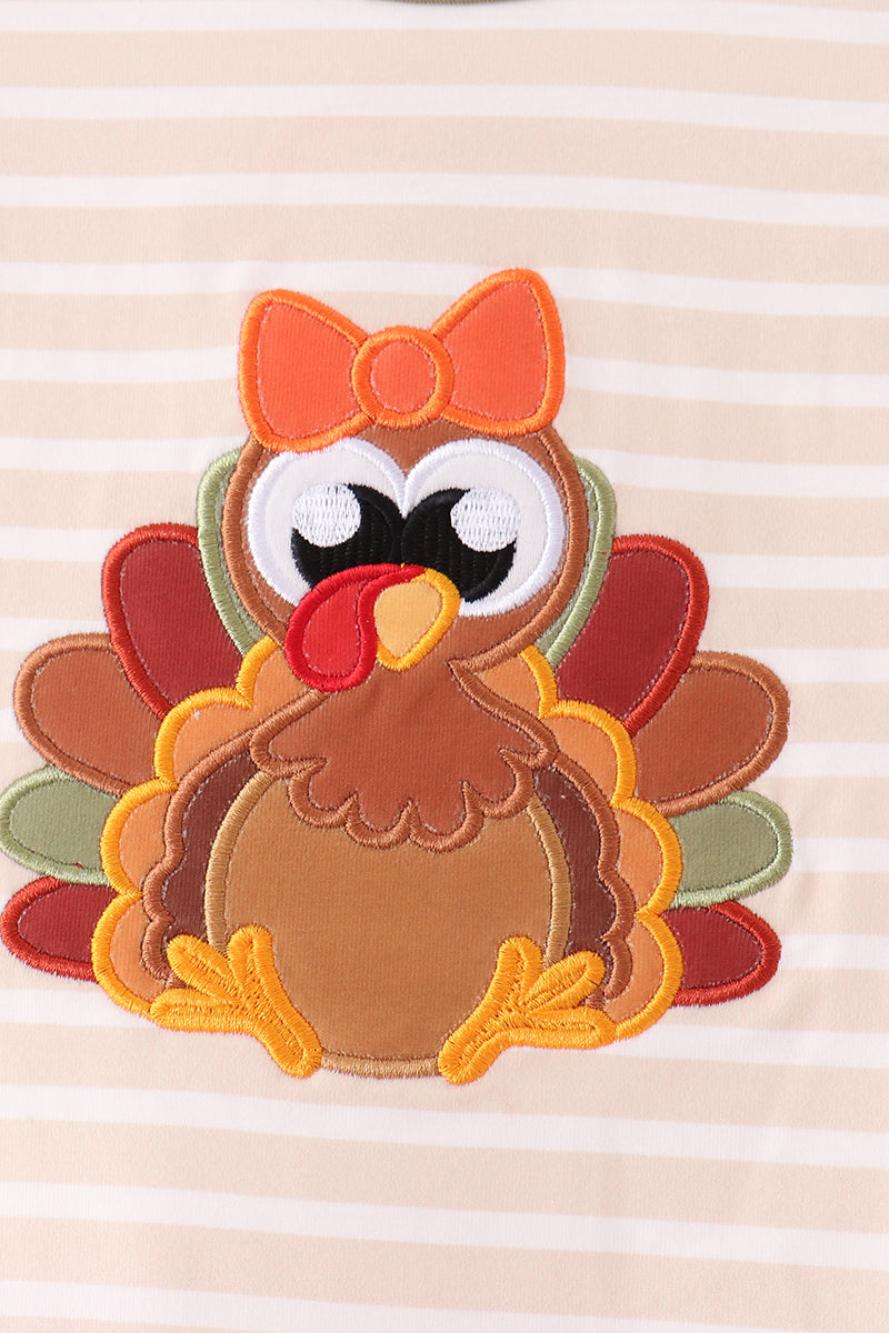 Olive Turkey Applique Stripe Ruffle Pants Set