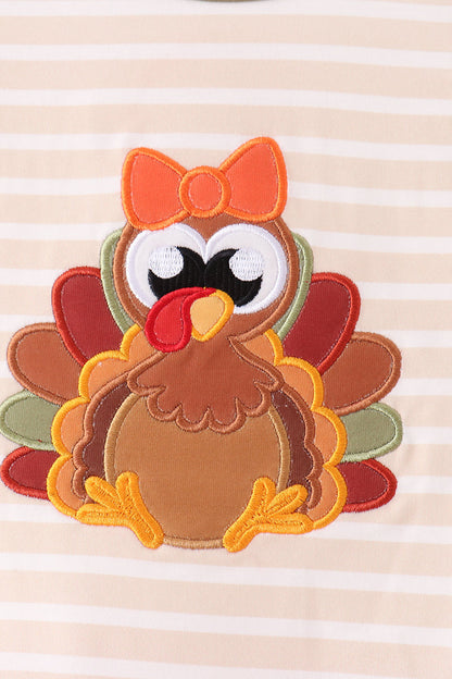 Olive Turkey Applique Stripe Ruffle Pants Set