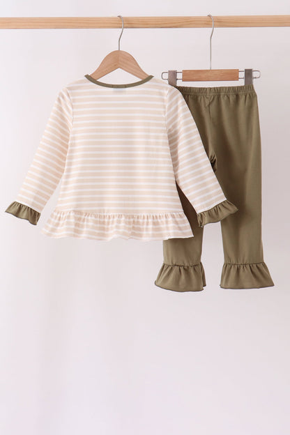 Olive Turkey Applique Stripe Ruffle Pants Set