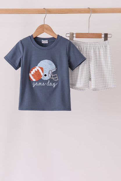 Navy Football Bow French Knot Shorts Set