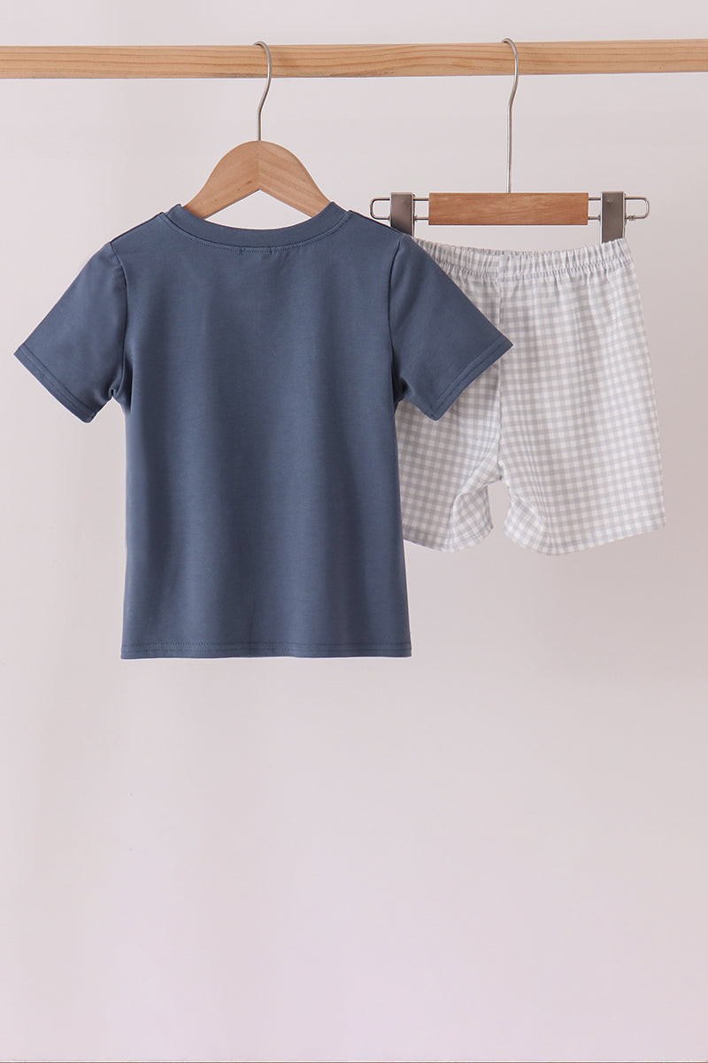 Navy Football Bow French Knot Shorts Set