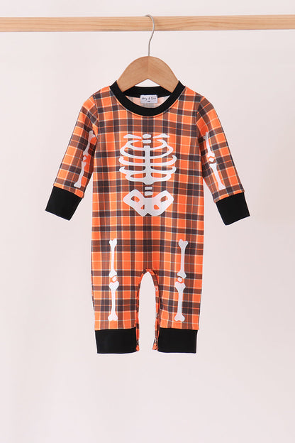 Orange Skeleton Plaid Romper