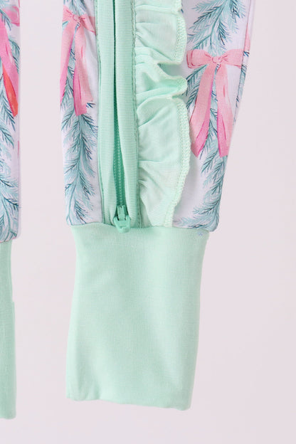 Green Bow Christmas Tree Bamboo Zipper Romper