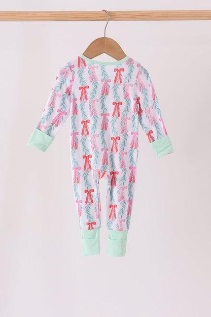Green Bow Christmas Tree Bamboo Zipper Romper