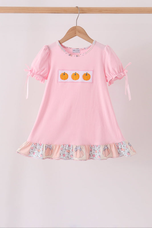 Pink Pumpkin Embroidery Ruffle Dress