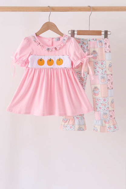 Pink Pumpkin Embroidery Ruffle Pants Set