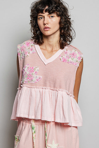 POL Floral Patch Ruffled Sleeveless Top with Raw Edge Detail in Pink