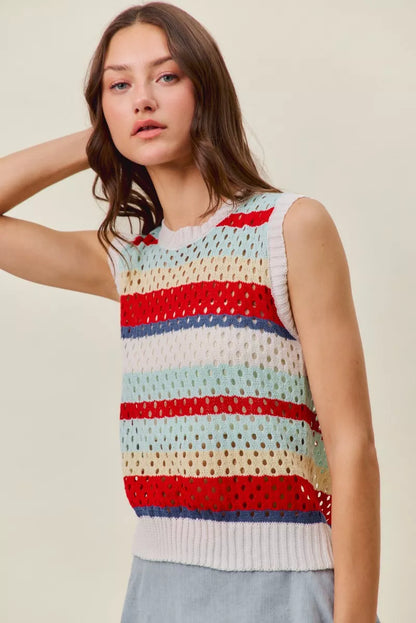 SO ME Tie Back Multi Stripe Sweater Knit Tank Top
