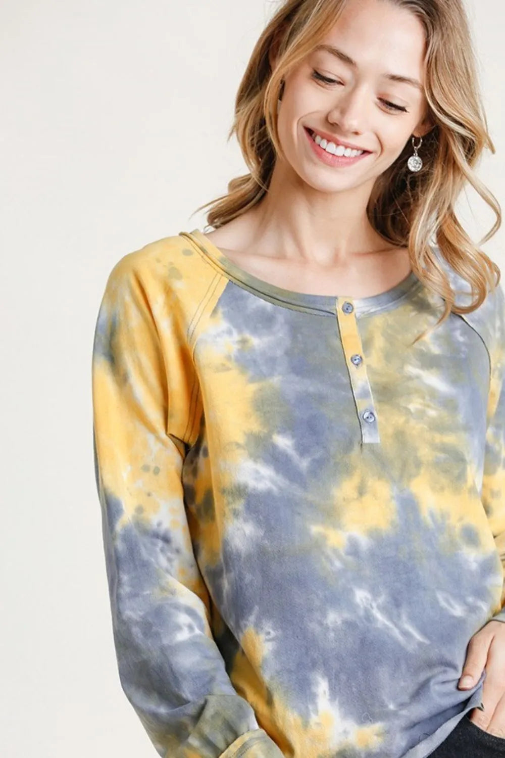 Umgee Full Size Tie Dye Button Front Long Raglan Sleeve Top Plus Size