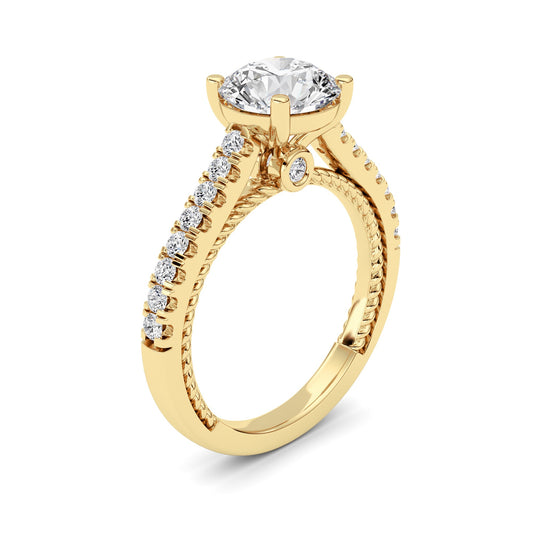 2 Ct Round (F/VS) Lab Grown Diamond Prong 14K Yellow Gold Rope Design Accented Engagement Ring