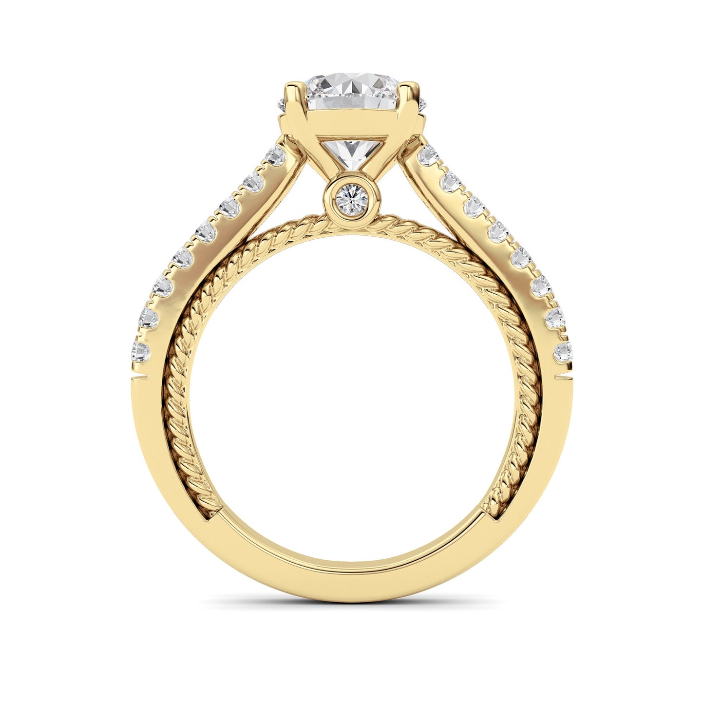 2 Ct Round (F/VS) Lab Grown Diamond Prong 14K Yellow Gold Rope Design Accented Engagement Ring
