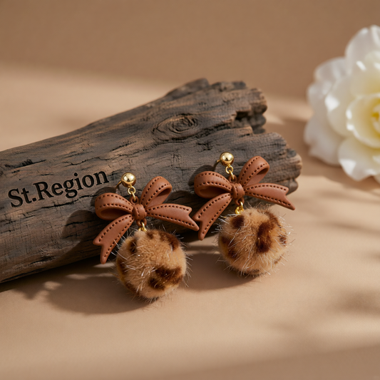 Light Coffee Enamel & Pom-Pom Goldtone Leopard Bow Ball Drop Earrings