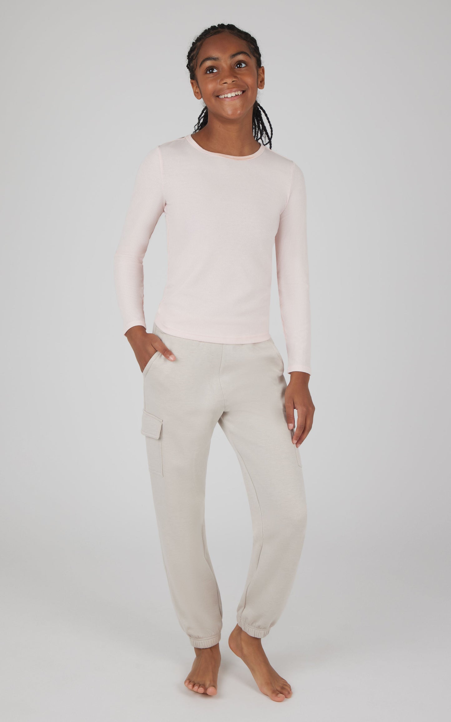 Girls 2 pc Set Heavenly Rib Long Sleeve Crew and Cargo Pocket Legging