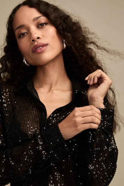 Lucky Brand Women's Sequin Buttondown Shirt - Caviar