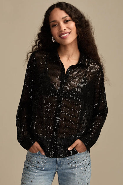 Lucky Brand Women's Sequin Buttondown Shirt - Caviar
