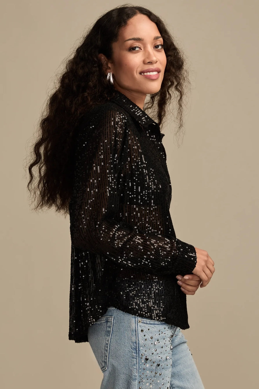 Lucky Brand Women's Sequin Buttondown Shirt - Caviar