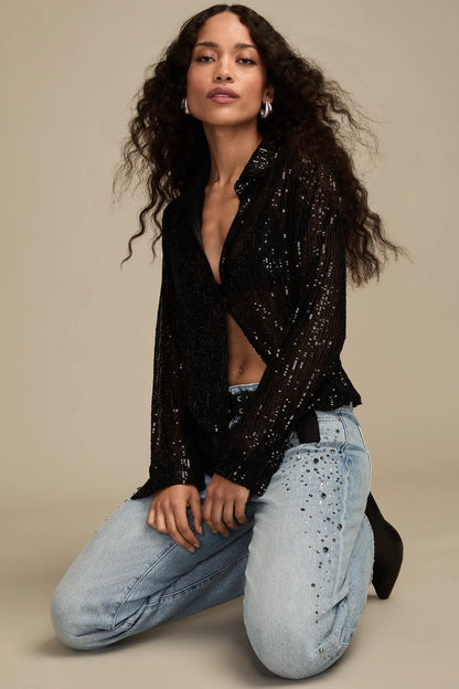 Lucky Brand Women's Sequin Buttondown Shirt - Caviar