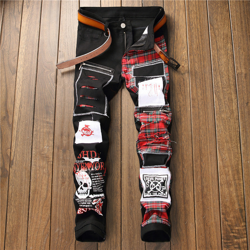 New Men’s Ripped Patch Pants Color Cloth Jeans