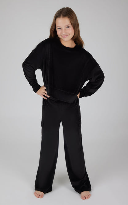 Girls Velour  Crew Pullover With Cargo Pocket Pant