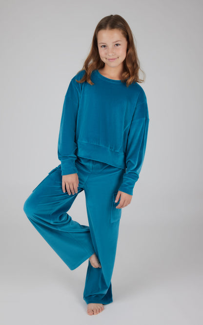 Girls Velour  Crew Pullover With Cargo Pocket Pant