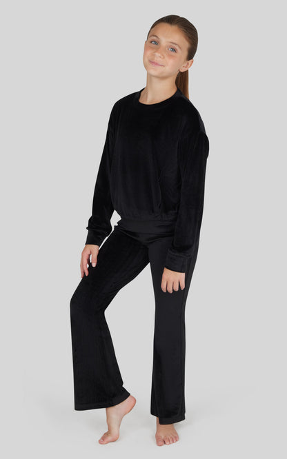 Girls Rib Velour Crew Neck Top With Pockets + Rib Velour  Crossover Flared Leg Pant + Scrunchie Set