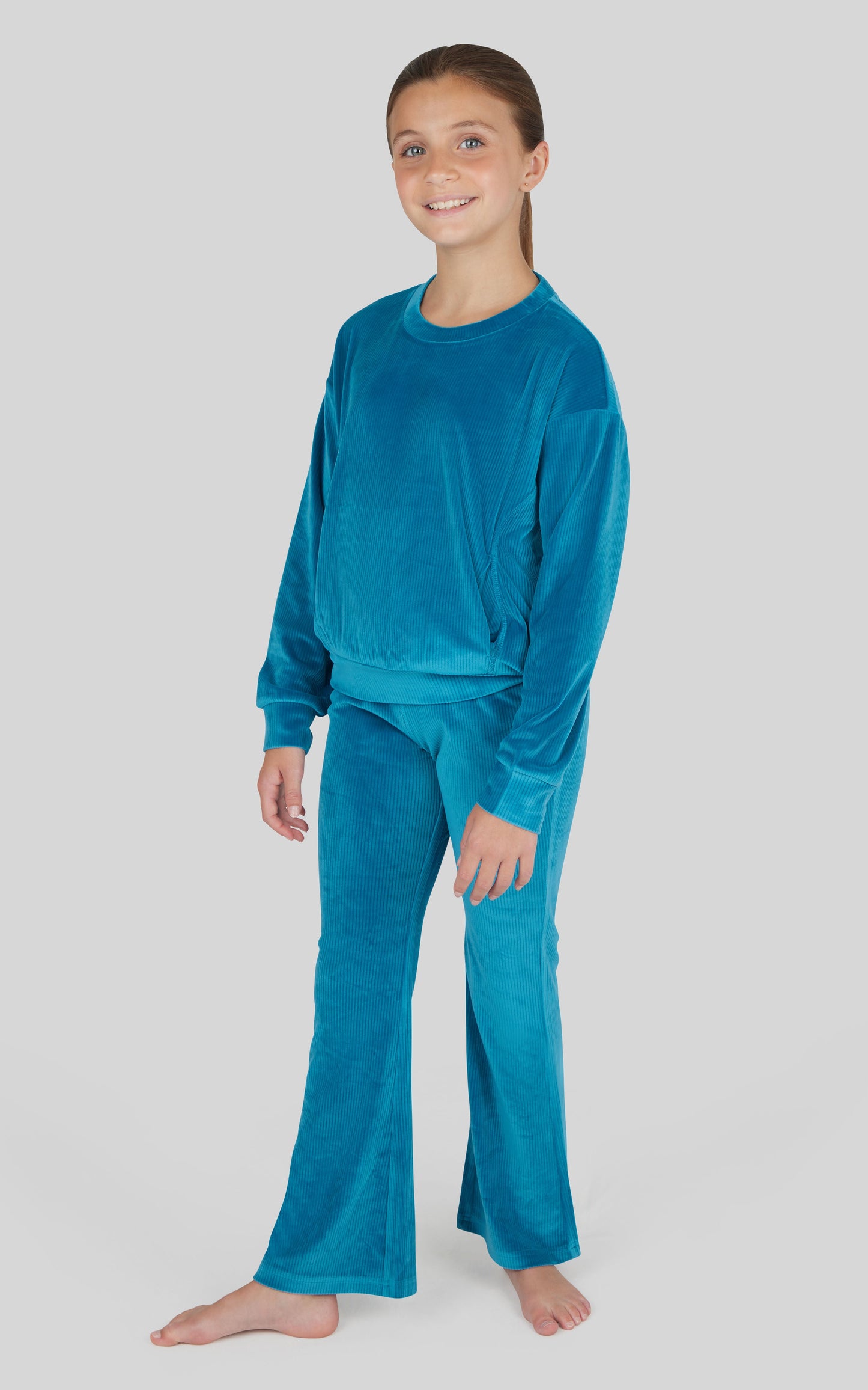 Girls Rib Velour Crew Neck Top With Pockets + Rib Velour  Crossover Flared Leg Pant + Scrunchie Set