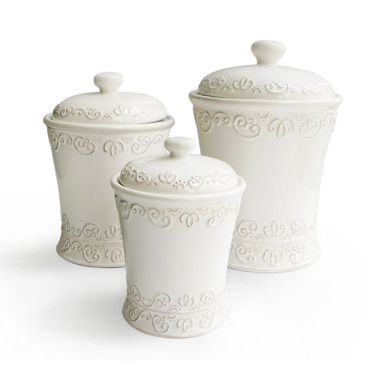 Jay Companies Bianca Scroll White 3-Piece Set Canisters