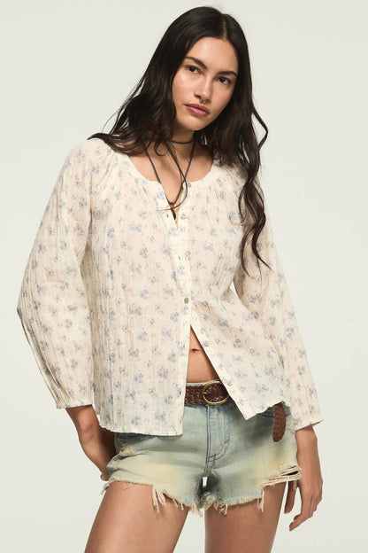 Lucky Brand Women's Long Sleeve Button Blouse - Cream Floral