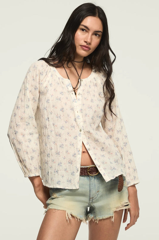 Lucky Brand Women's Long Sleeve Button Blouse - Cream Floral